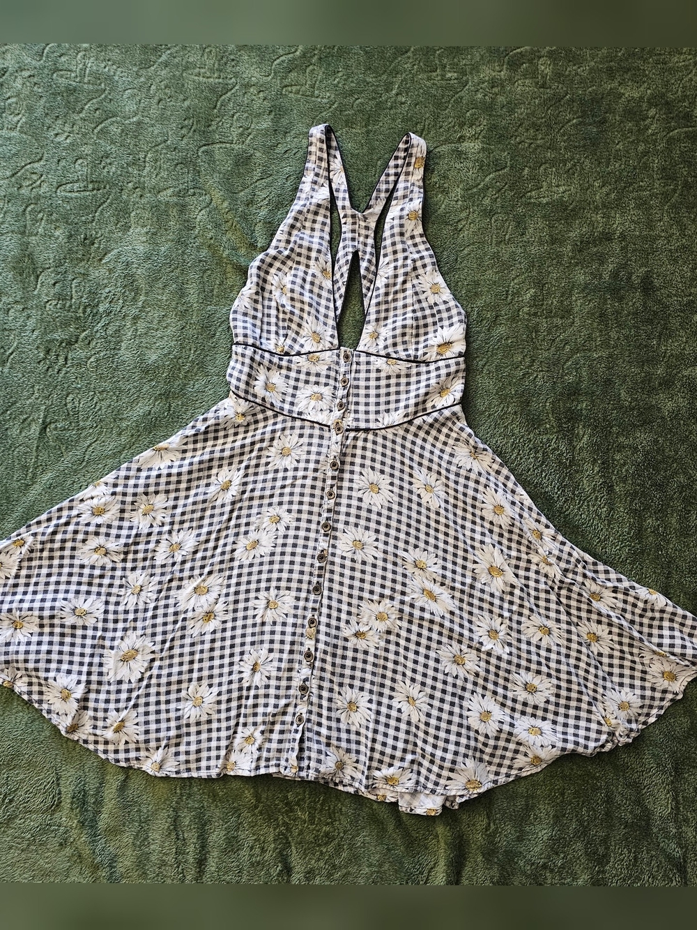 Gingham Daisy Halter Mini Dress 90's Vintage Style Cottagecore Unbranded